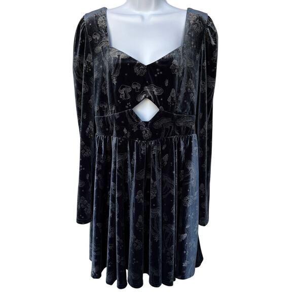 Disturbia Velour Puff Sleeve Dark Fairy Goth Mini Dress w Mushrooms Cut-Out sz 8 - Picture 5 of 12